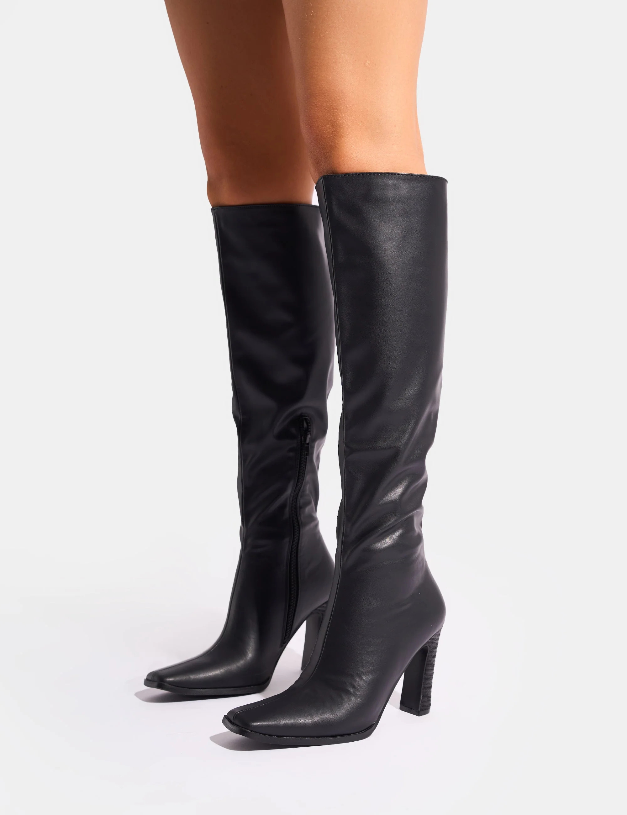 Acquilla Black Knee High Flared Heel Boots | Public Desire (US & CA)