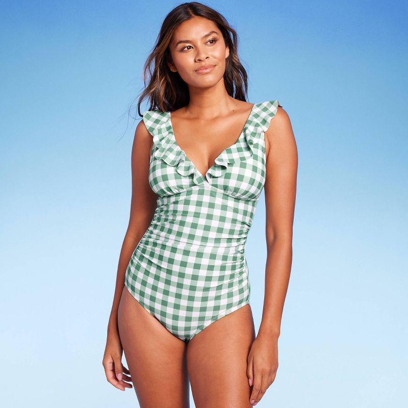 Women's Gingham Ruffle Full Coverage One Piece Swimsuit - Kona Sol™ Green Floral Print | Target
