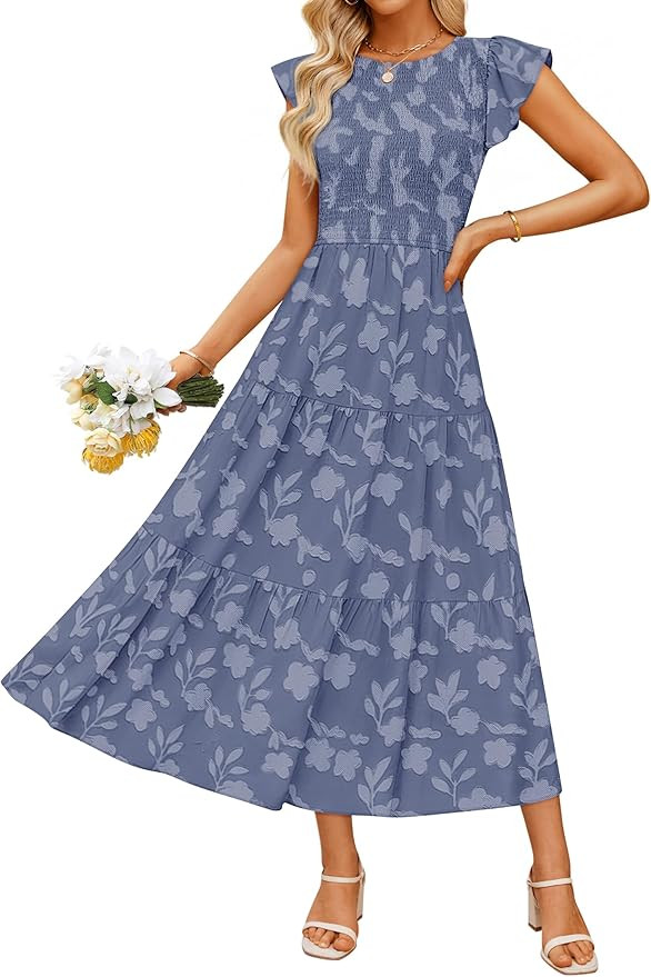ZESICA Women's Summer Boho Floral Midi Dress 2026 Casual Flutter Short Sleeve Crewneck Smocked Fl... | Amazon (US)