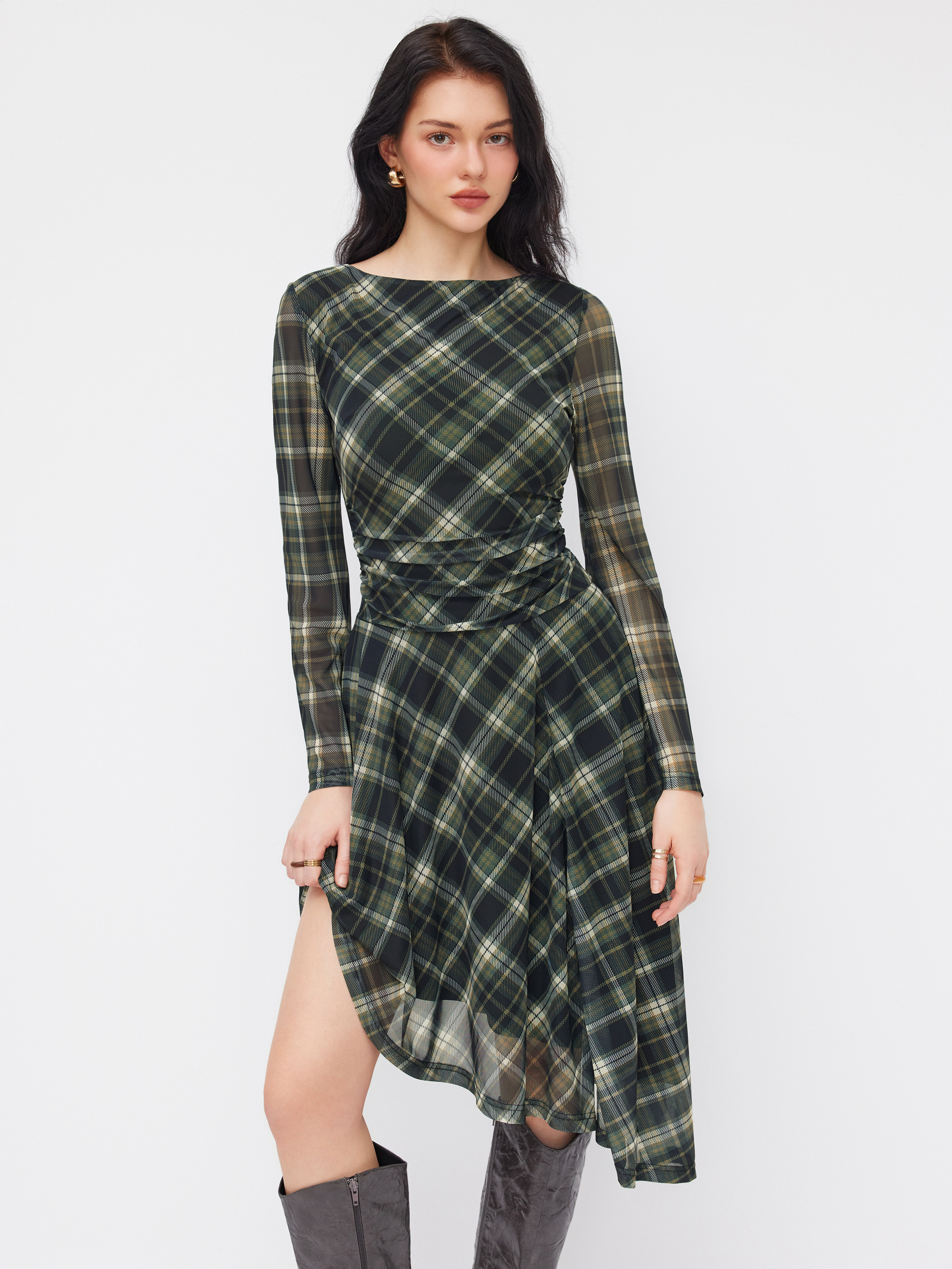 Mesh Mesh Plaid Boat Neck Long Sleeve Backless Asymmetrical Hem Ruffle Midi Dress For Daily Casua... | Cider