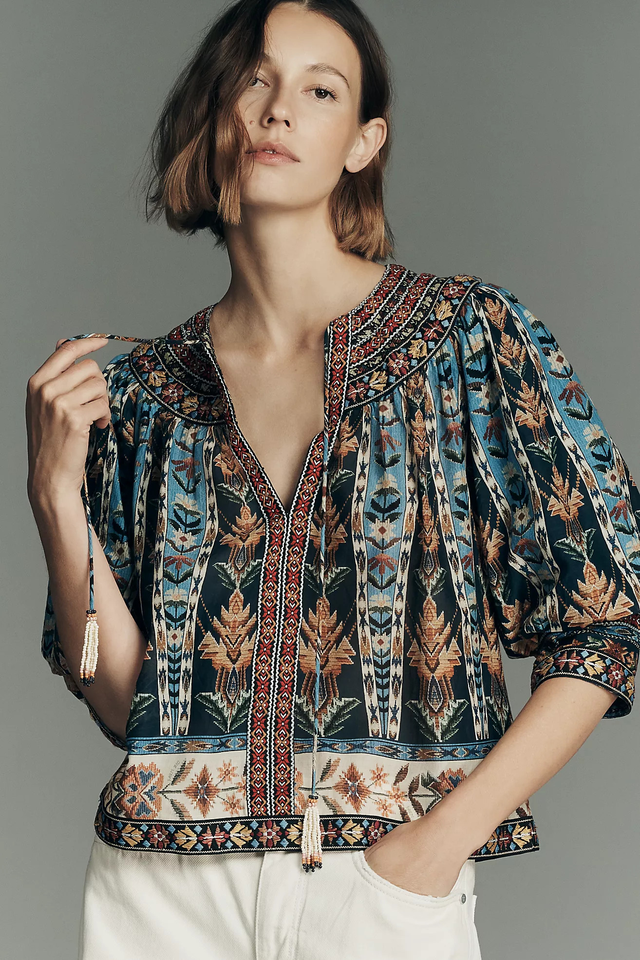 Farm Rio Embroidered Tasseled V-Neck Top | Anthropologie (US)
