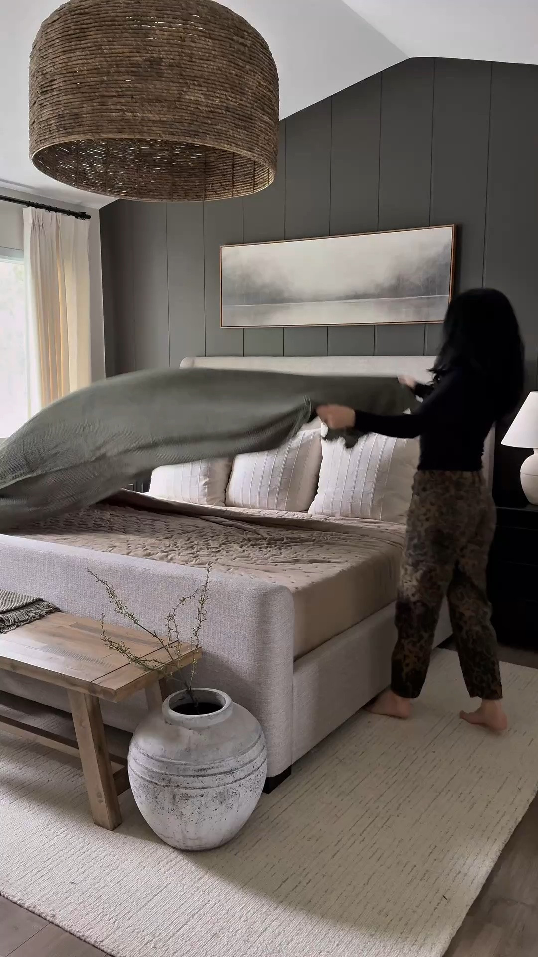Target bedding..some of my favorite all time bedding layers. The lightweight green coverlet is so perfect for in between seasons! 
Painting it with the chunky knit throw, euro cushions and lumbar 🤍🤍
Neutral bedding