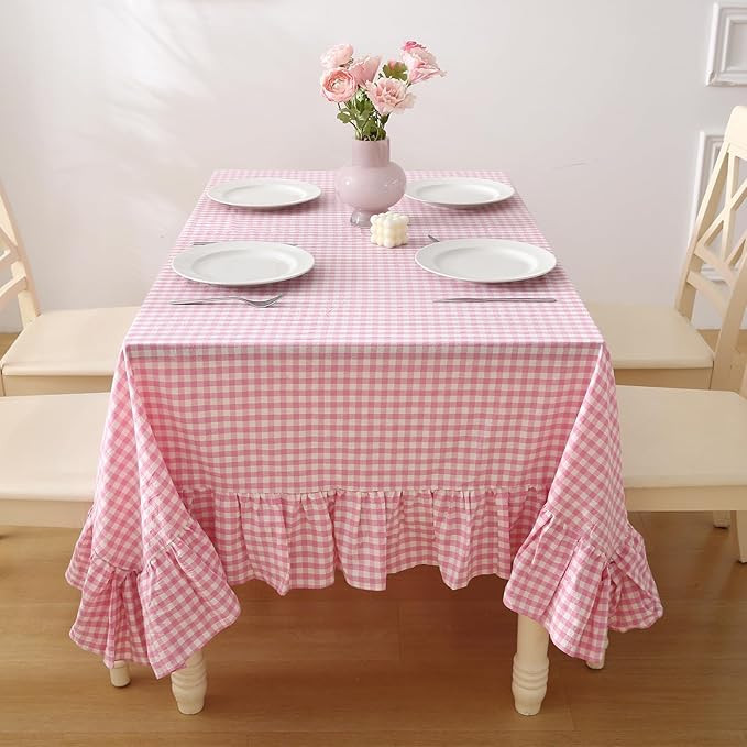 100% Cotton Pink Plaid Ruffled Table Cloth for Rectangle Table, Classic Farmhouse Checker Gingham... | Amazon (US)