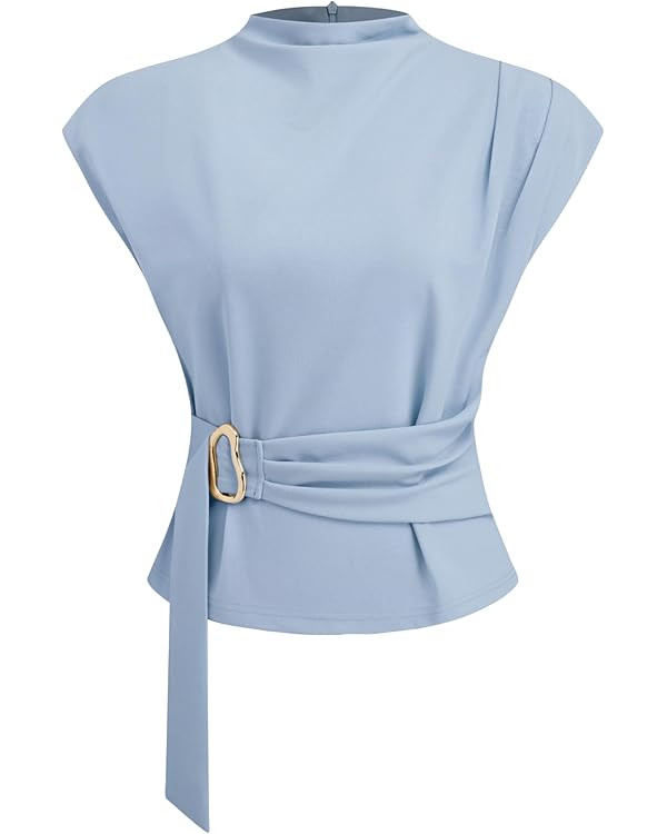 CIDER Women Tops Blouses Stand Neck Belted Short Sleeve Business T-Shirts | Amazon (US)