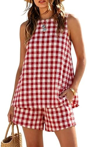 Gozoloma Women's Oversized Gingham 2 Piece Set Crewneck Sleeveless A-Line Top and Relaxed Shorts ... | Amazon (US)