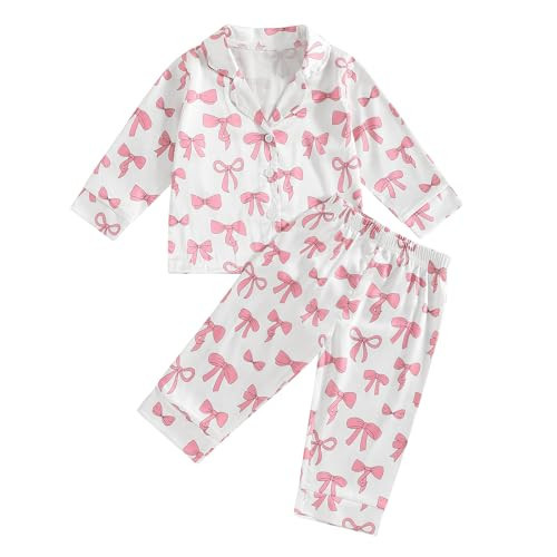 Toddler Girl Pjs Bow Pajamas For Toddler Girls Baby Kids Long Sleeve Sleepwear Button Down Cotton Pajama Sets (Pink Bow Print #B, 6-12 Months) | Amazon (US)