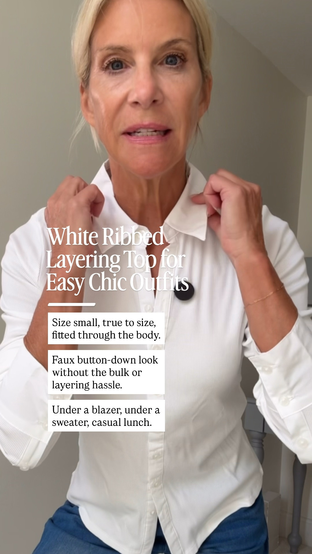 This white ribbed top gives you the look of a crisp poplin button-down without the bulk of actually layering one underneath.

The pretty collar and cuffs peek out beautifully under a jacket or sweater, while the ribbed fabric keeps the fit streamlined.

I’m wearing a small, and I could have gone with an XS for a more fitted look. I also have a similar designer version that was around $165, this one is from Target.

Easy to wear for lunch, work, travel, or anytime you want your layers to look more polished.

👩‍💻 LTK PRO TIPS
❤️ Heart = Support my posts ;-)
🔖 Save = Get sale & restock alerts for the things you love!
📋 Lists = Keep favorites organized (List ideas: Christmas, Birthdays, and Vacations!)
📲 Share = Send lists and products to a friend (or your daughters like me).
💬 Comment = Ask me anything, and I’ll answer. ;-)

#LTKootd #LTKSeasonal #LTKOver40