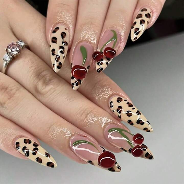 Press On Nails Medium Almond Fake Nails Brown Cheetah French Tip Glue On 3d Texture Cherry Acrylic Nails Y2k Wild False Nails Glossy Stick On Nails Handmade Stiletto Artificial Nail | SHEIN