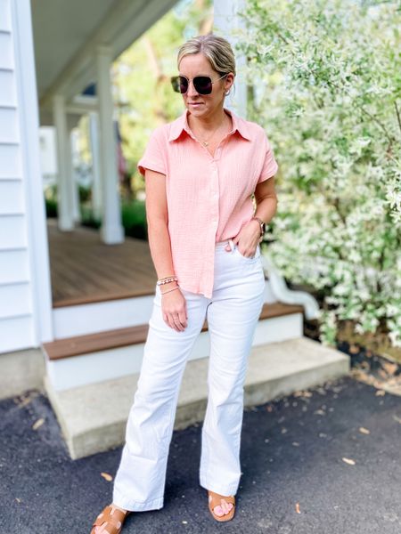 Spring outfit perfection. White wide leg jeans and a pink blush soft gauze button up from Amazon. Everything is tts. Summer outfit  

#LTKFind #LTKSeasonal #LTKstyletip