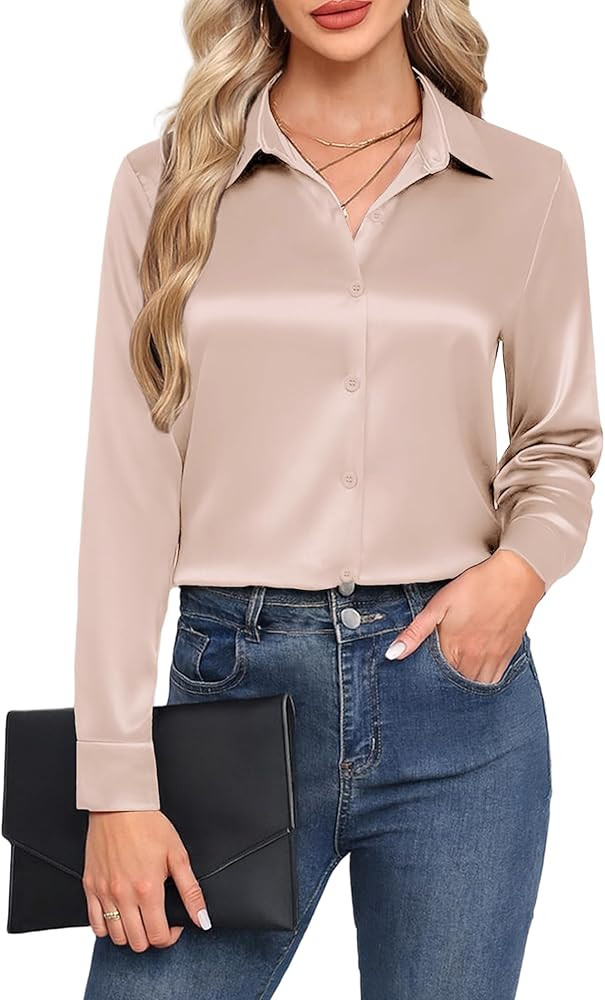 HOTOUCH Satin Shirts for Women Silk Button Down V Neck Dressy Casual Blouse Loose Long Sleeve Off... | Amazon (US)
