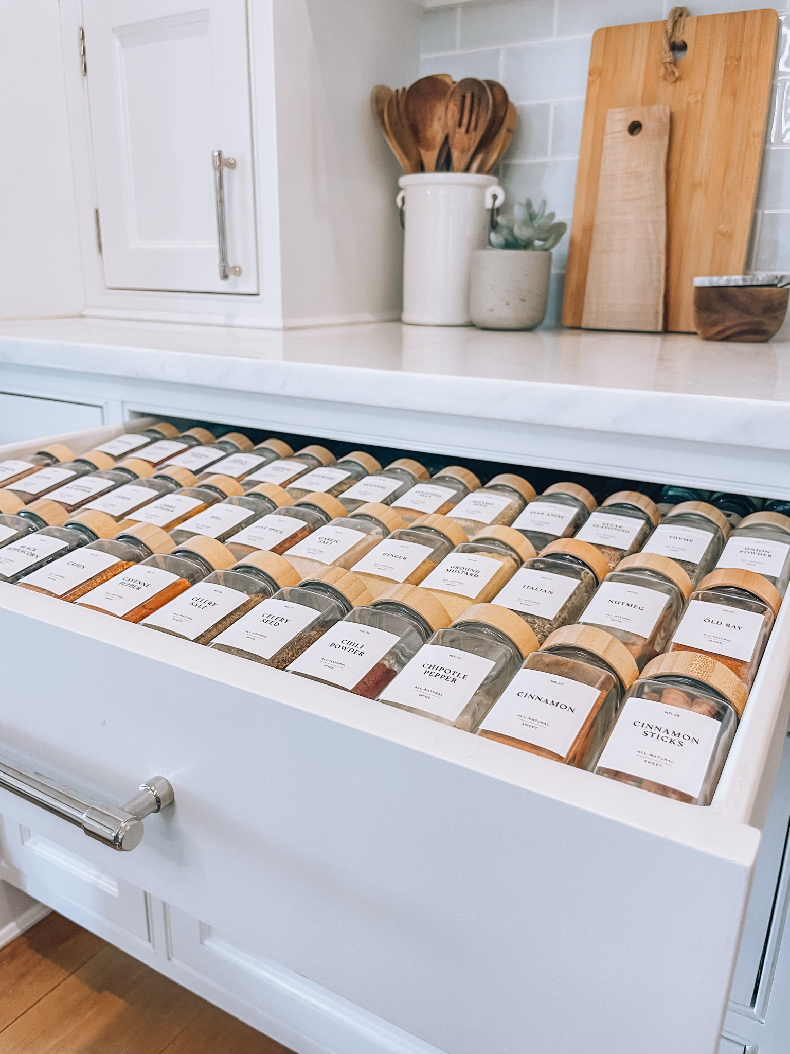 This is one of my favorite before-and-after transformations! Organizing your spice drawer or cabinet will make you happier every time you cook! 

We’re obsessed with these beautiful bamboo-lidded glass jars featuring sleek typography. Bonus: the first set (by Finessy) comes with alphabetically numbered labels, taking the guesswork out of organization! Don’t forget to tag us on Instagram with your upgrade! 

#LTKHome