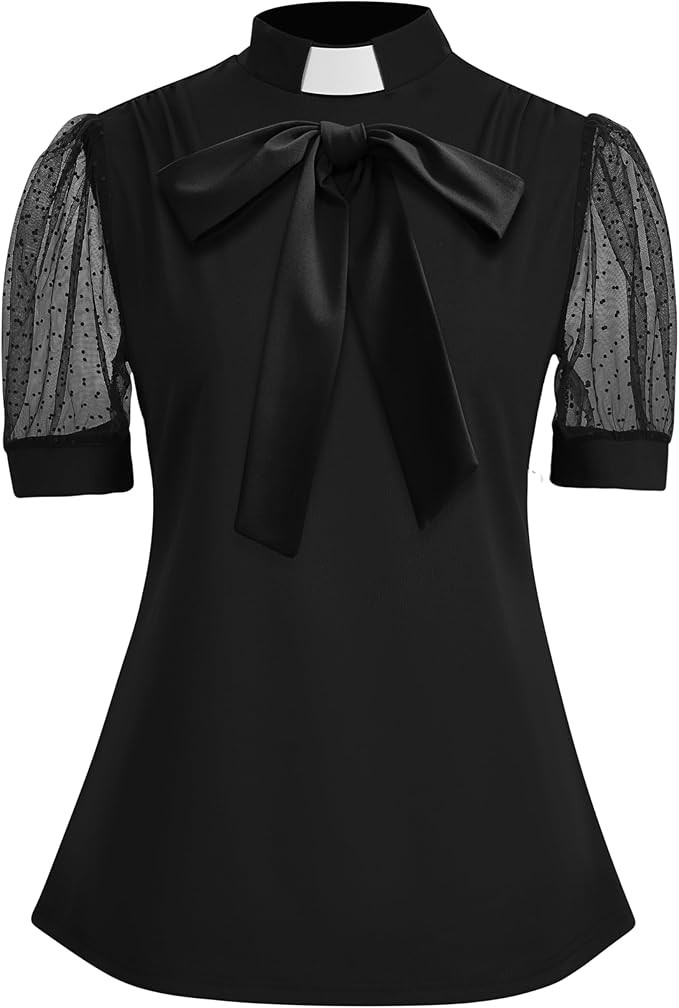 Black Short Sheer Sleeve Church Shirt Clergy Tab Insert Collar Front Bowknot Priestess Shirt | Amazon (US)
