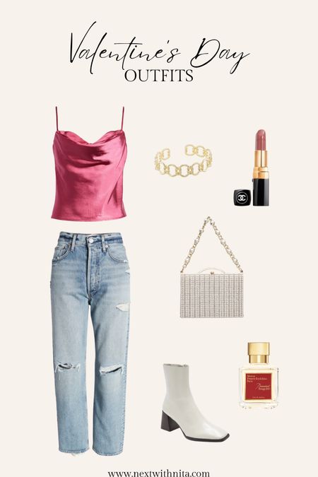 Valentine’s day outfit and date night outfit with cowl neck satin camisole tank, AGOLDE distressed jeans, Pearl clutch, my all time favorite perfume, neutral lipstick, white leather booties, and gold jewelry! 

#LTKshoecrush #LTKsalealert #LTKSeasonal