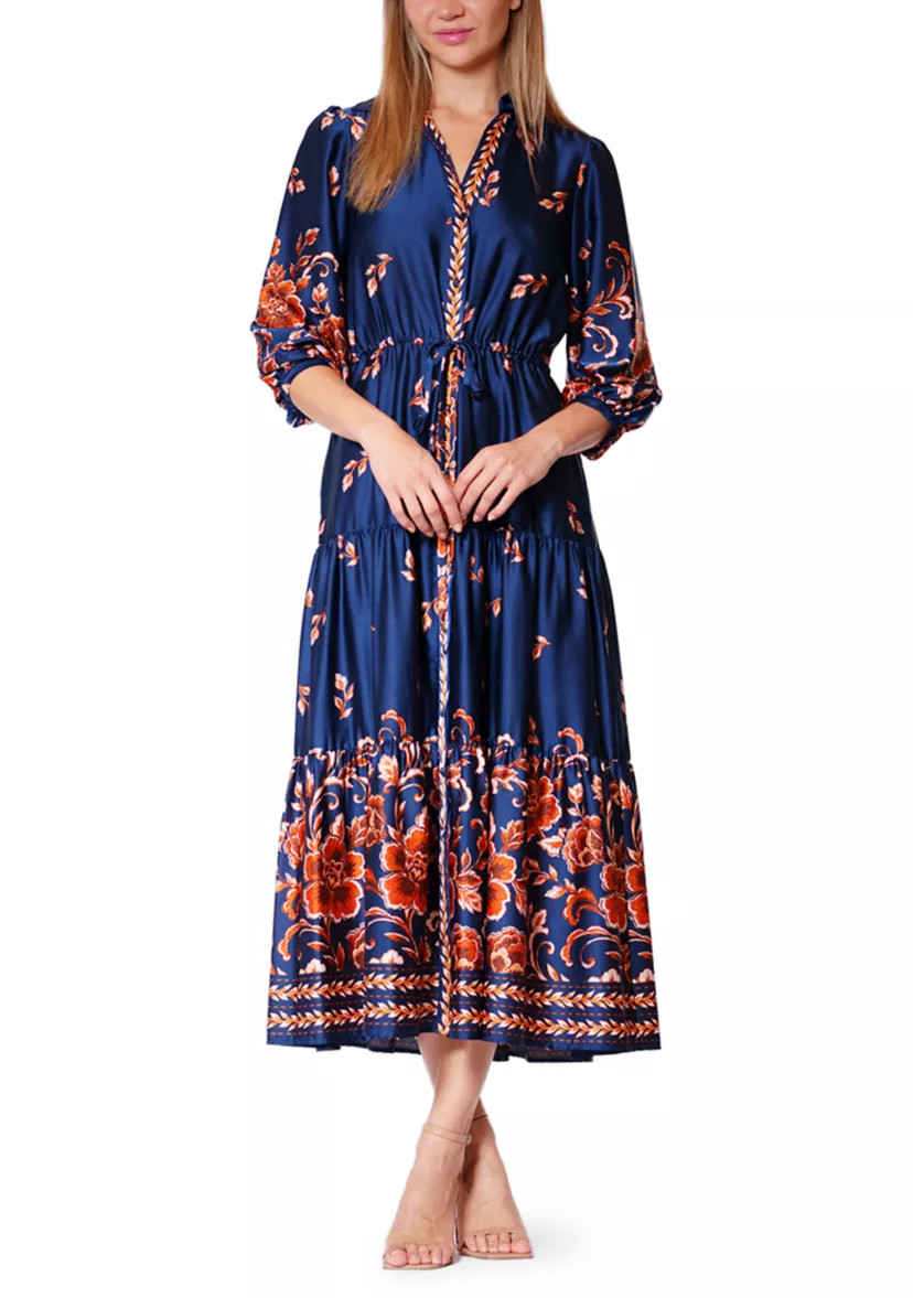 Women's 3/4 Sleeve Printed Satin Maxi Dress | Belk