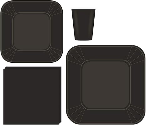 Serves 50 | Complete Party Pack | Black Square Plates | 9" Dinner Square Paper Plates 7" Dessert ... | Amazon (US)