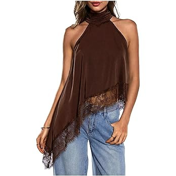Milumia Women's Halter Neck Sleeveless Top Lace Asymmetrical Hem Summer Going Out Tank Tops | Amazon (US)