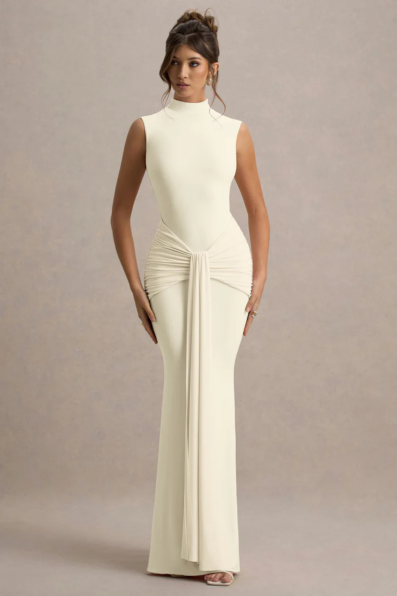 Graziana | Pale Lemon High-Neck Gathered Draped Maxi Dress | Club L London