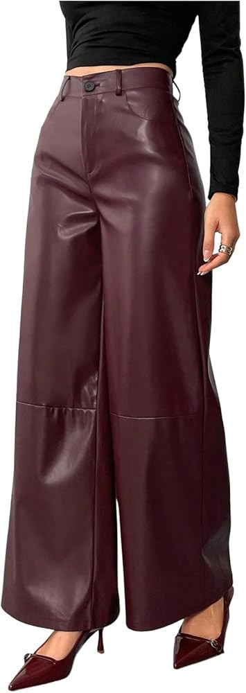 Milumia Women's Faux Leather Wide Leg Pants High Waist Button Dressy Casual Long Trousers | Amazon (US)