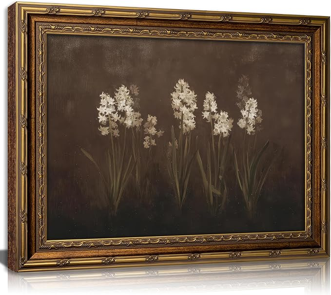 Vintage Gold Framed Wall Art, White Hyacinth Floral Canvas Print, Moody Rustic Flower Wall Decor,... | Amazon (US)