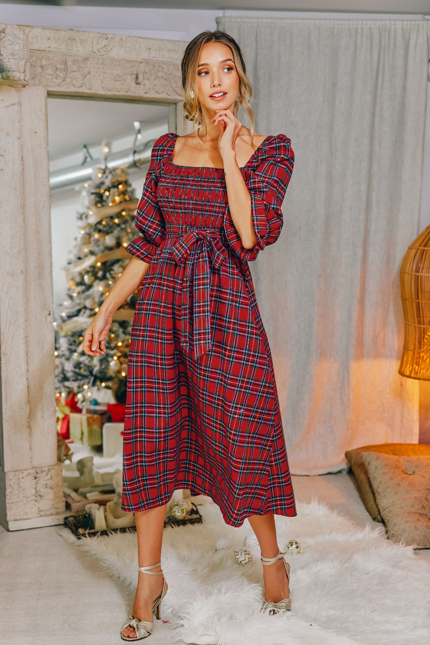 Burgundy Belted Tartan Plaid Maxi DressHOT | Cupshe US