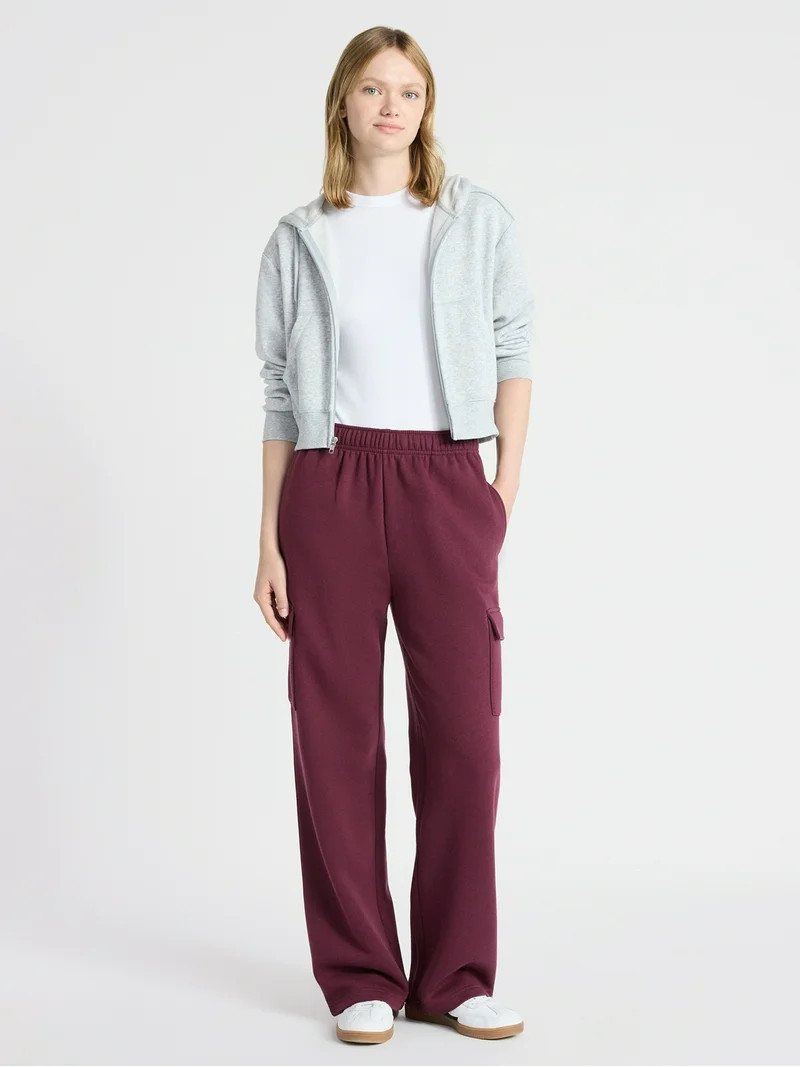 No Boundaries Fleece Cargo Wide-Leg Pants, 30'' Inseam, Women's | Walmart (US)