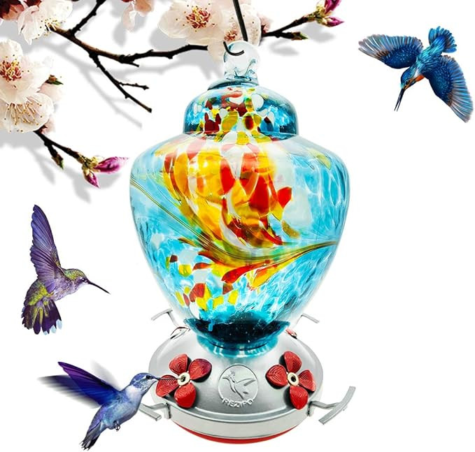 Hummingbird Feeder with Perch - Hand Blown Glass - Blue - 38 Fluid Ounces Hummingbird Nectar Capa... | Amazon (US)