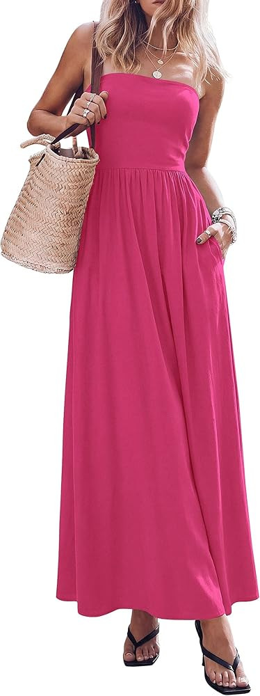 PRETTYGARDEN Women's 2026 Spring Strapless Maxi Dresses Patchwork Long Flowy Pockets Elegant Goin... | Amazon (US)