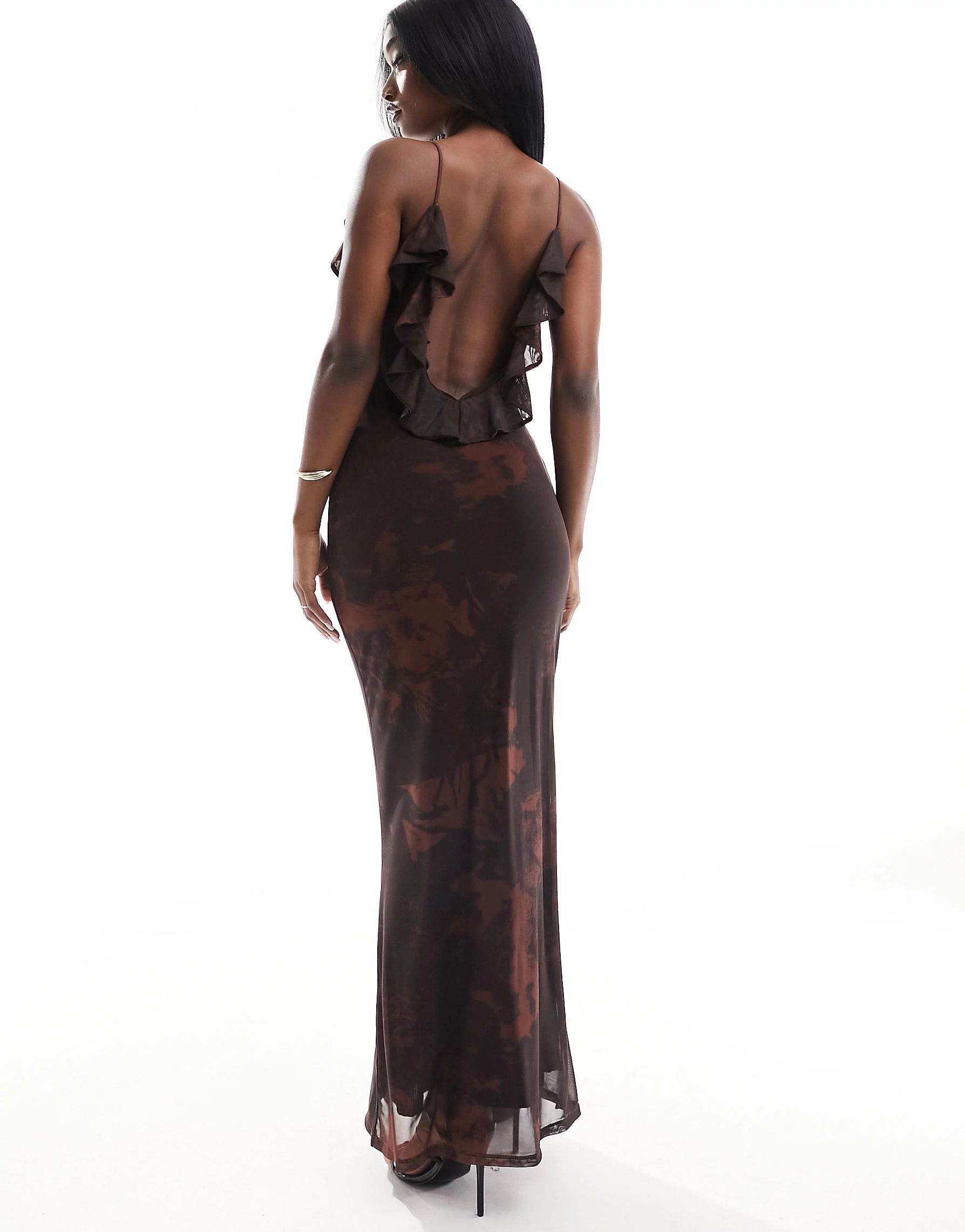 ASOS DESIGN mesh cami maxi dress with ruffle back detail in brown marble print | ASOS (Global)
