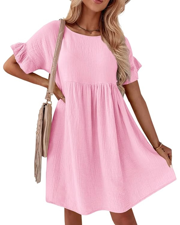 Fisoew Women's Summer Flowy Mini Dress A Line Short Sleeve Round Neck Loose Swing Casual Beach Dr... | Amazon (US)