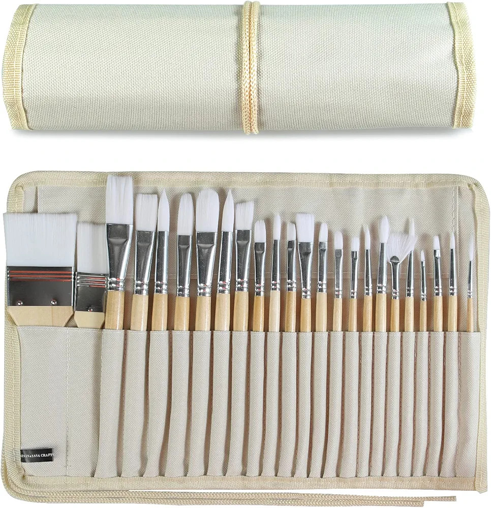 Paint Brushes Set of 24 Pieces Wooden Handles Brushes with Canvas Brush Case, Professional for Oi... | Amazon (US)