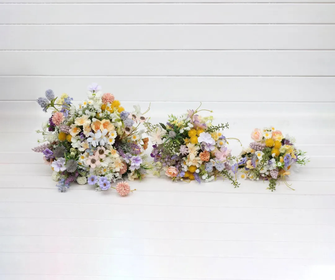 Wildflowers bouquet Spring summer wedding  flowers Blue lilac peach yellow pink bouquet Colorful ... | Etsy (US)