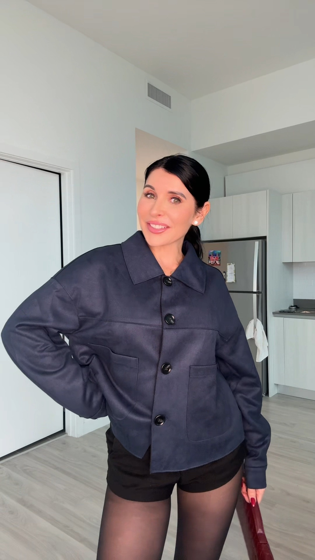 Navy blue faux suede jacket, the softest material ever! Paired with micro shorts, tights, prada black heels and burgundy bottega andiamo clutch! ❤️

#LTKStyleTip #LTKParties #LTKFindsUnder100