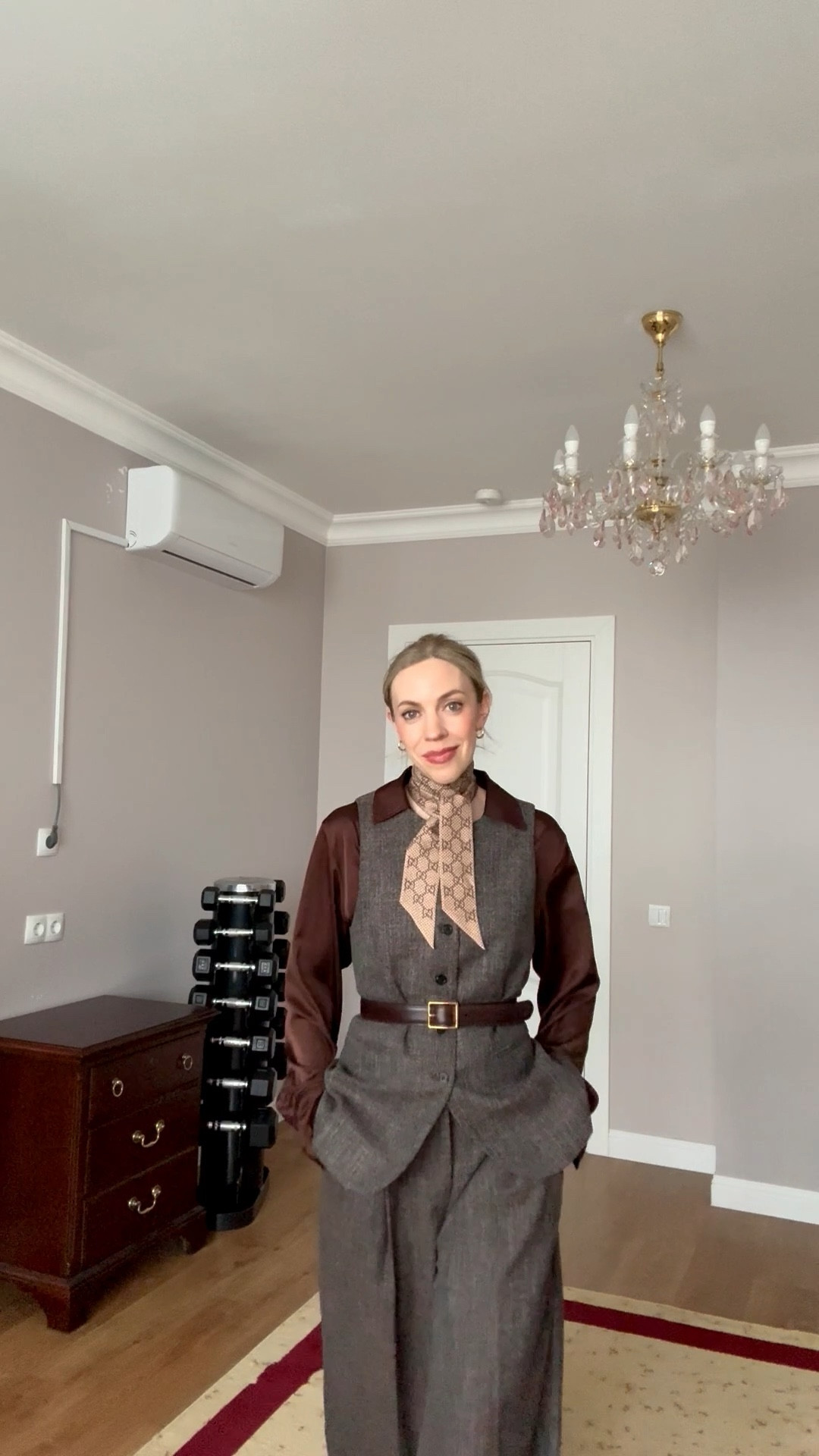 Work wear look, office outfit, vest pants suit, tweed suit, Gucci silk scarf, chocolate brown blouse, style over 40

#LTKOver40 #LTKWorkwear #LTKootd