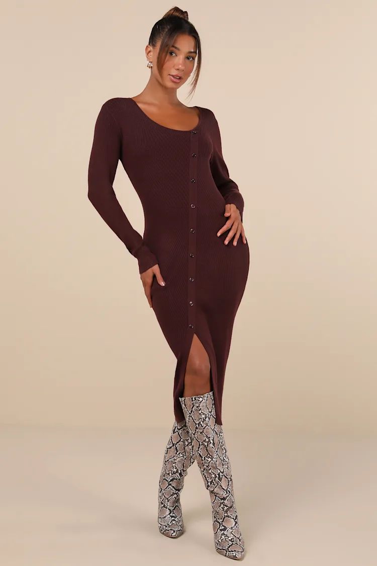 Demure Attitude Chocolate Ribbed Asymmetrical Midi Sweater Dress | Lulus