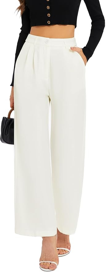 FUNYYZO Wide Leg Pants Women's High Elastic Waisted in The Back Business Work Trousers Long Strai... | Amazon (US)