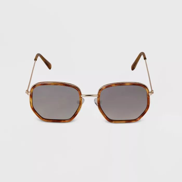 Women's Tortoise Shell Angular Round Mirrored Sunglasses - A New Day™ Brown | Target