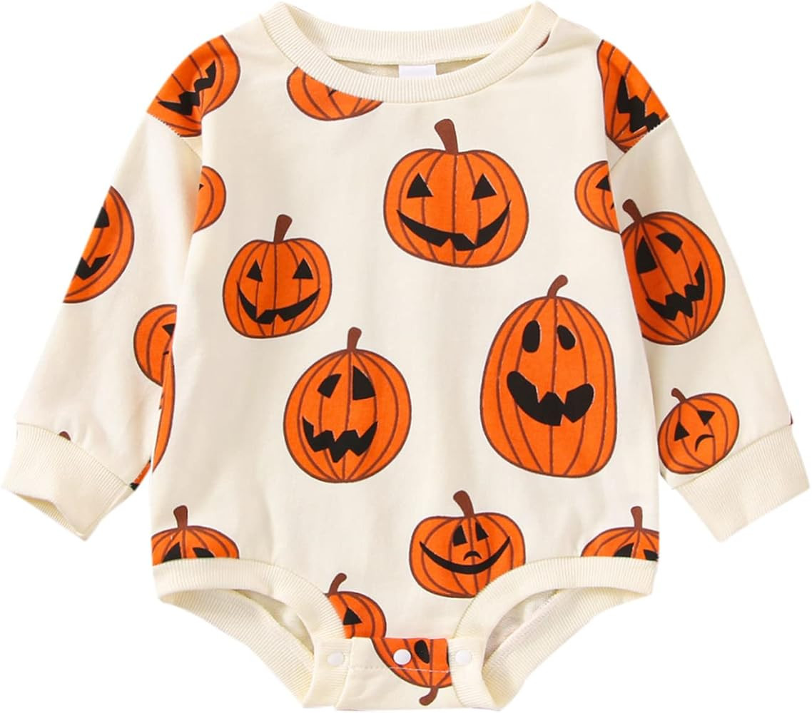 Amazon.com: Baby Halloween Outfit Boy Girl Oversized Sweatshirt Romper Long Sleeve Pumpkin Onesie... | Amazon (US)