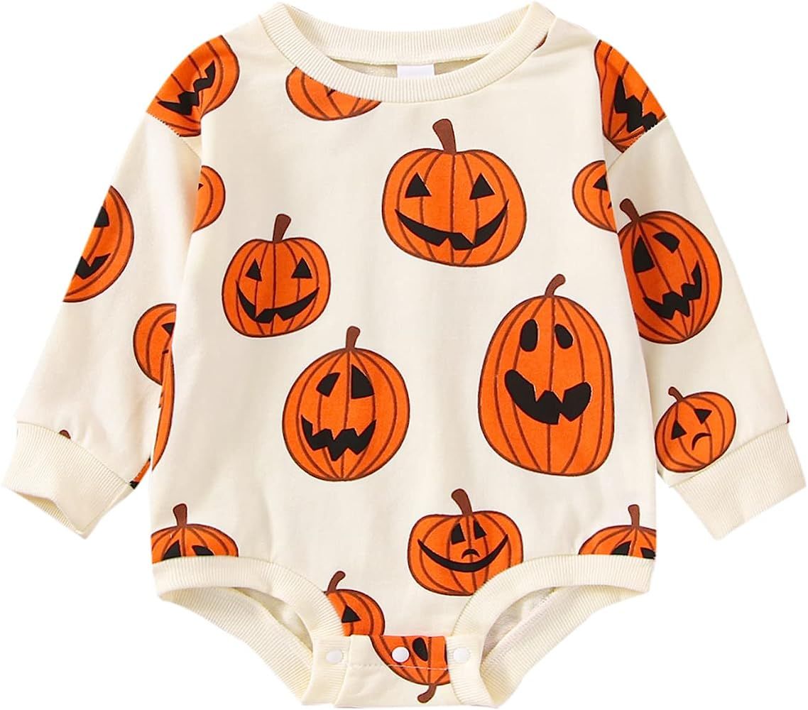 Baby Halloween Outfit Girl Boy Pumpkin Sweatshirt Romper Oversized Long Sleeve Onesie Fall Hallow... | Amazon (US)