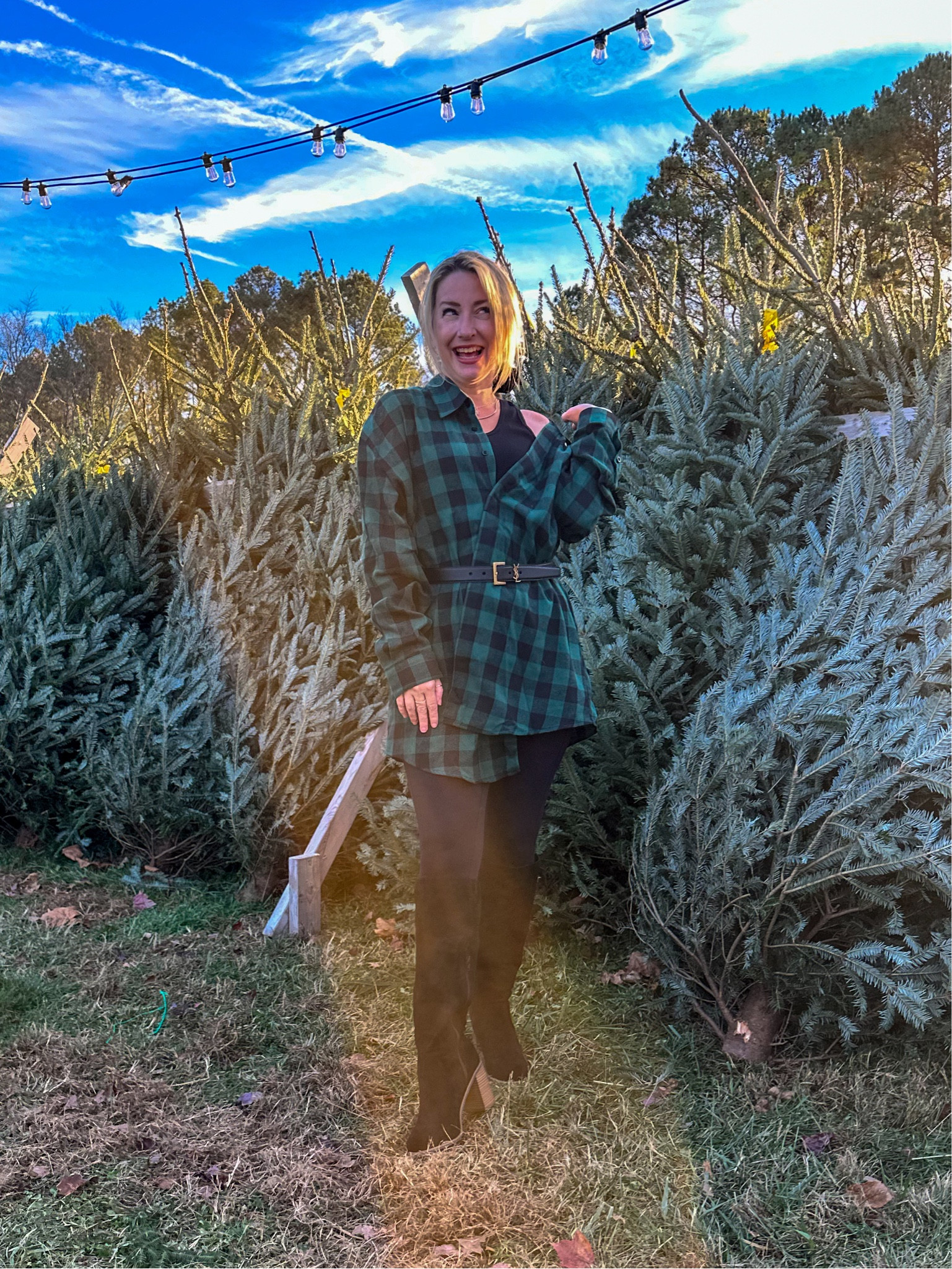 Why not turn a dress into a top?
Green plaid dress
Ysl belt
Added leggings for warmth
Black knee high boots

#LTKshoecrush #LTKover40 #LTKHoliday