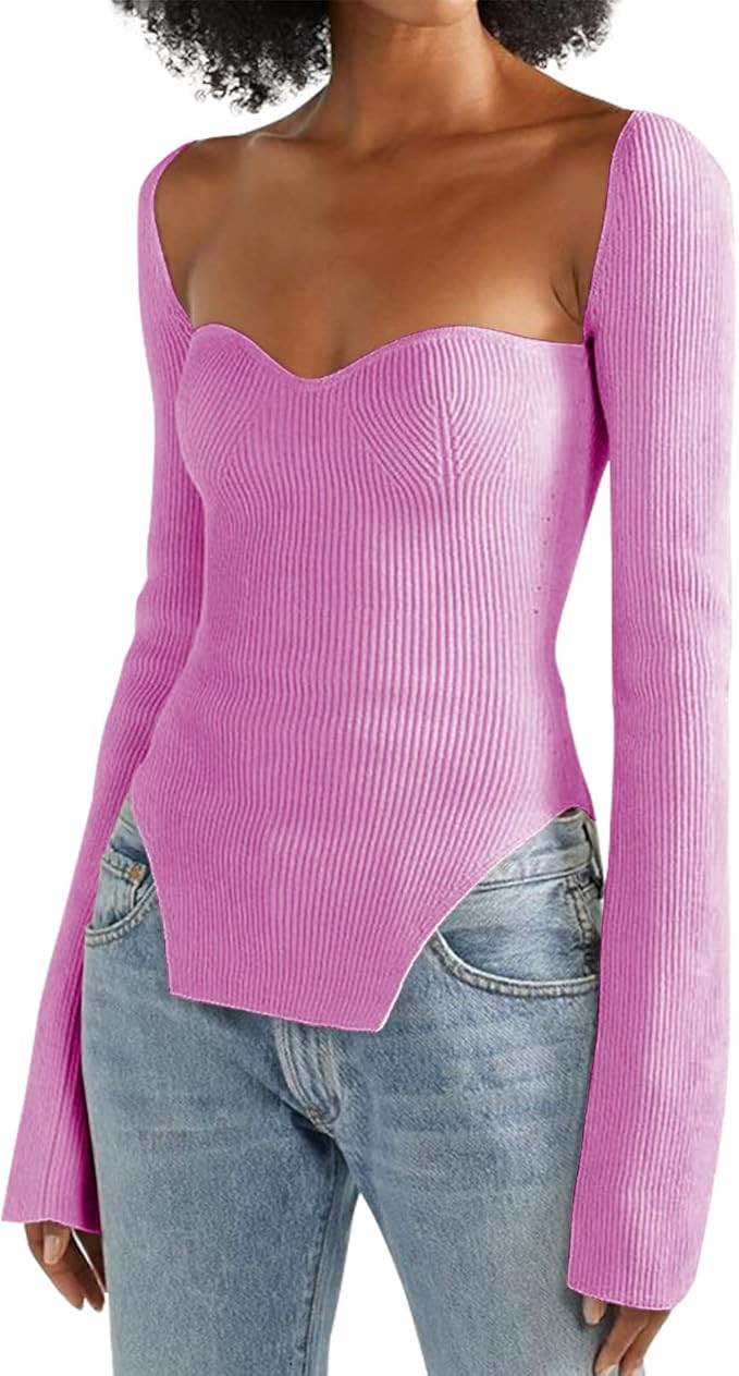 QANSI Women's Sexy Square Sweetheart Neck Sweater Ribbed Knit Slim Fit Long Sleeve Solid Color Pu... | Amazon (US)