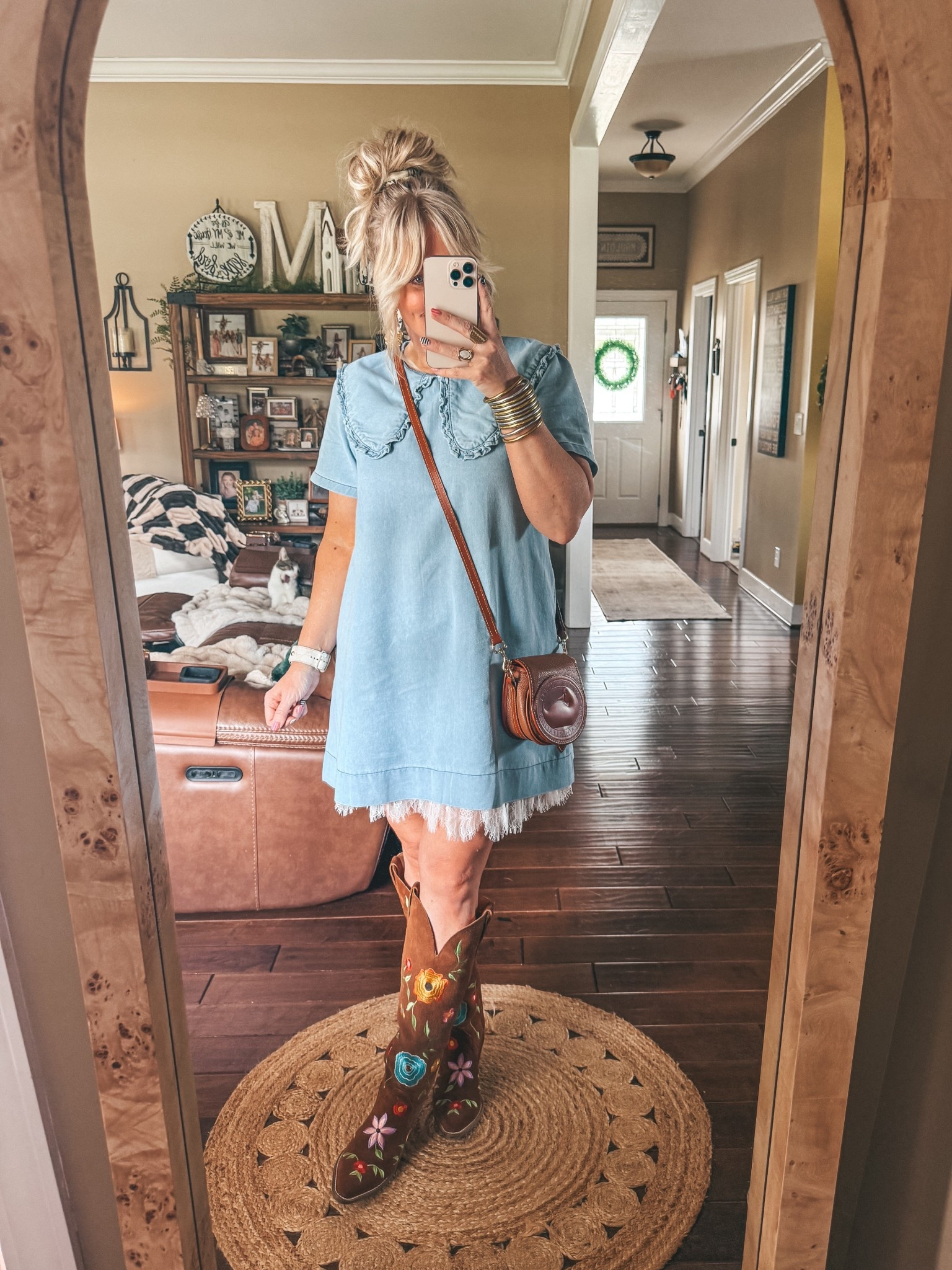 The cutest collared denim dress. I’m wearing a medium and I’m 5’6. It’s not too short but I felt better for church with the lace skirt slip underneath. It’s also cute and adds so much with the slip. I sized up in the slip  
✨Save on earrings an ring with code MANDIE

#LTKgrwm #LTKOver40 #LTKootd