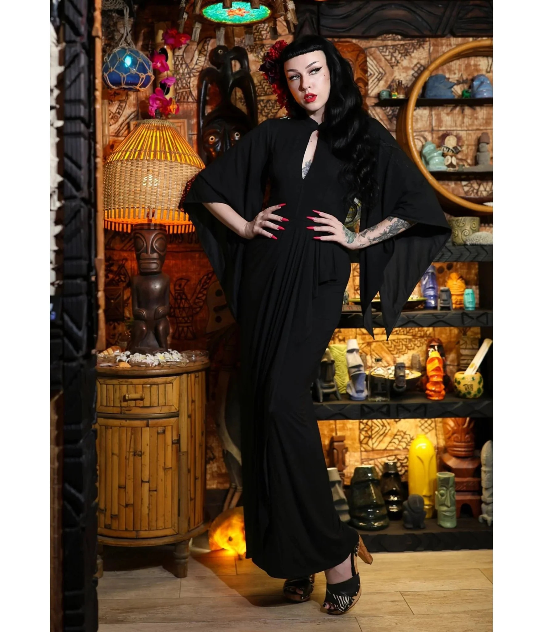 Elle Rebel Black Cape Sleeve Maxi Dress | Unique Vintage - North America