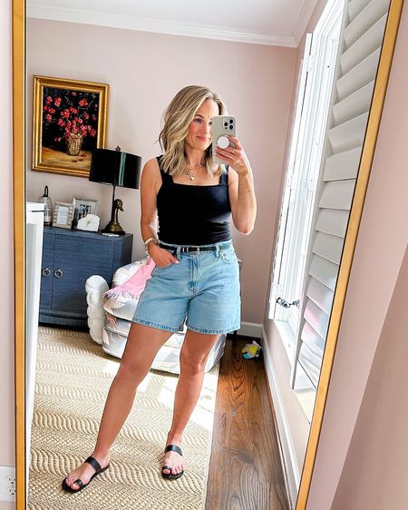 These loose jean shorts are WINNERS. I sized up for postpartum, but in general they run true to size. These are a 27. My black tank is from Amazon, and my black sandals are from Revolve.  Both TTS. 

#LTKshoecrush #LTKstyletip #LTKSeasonal