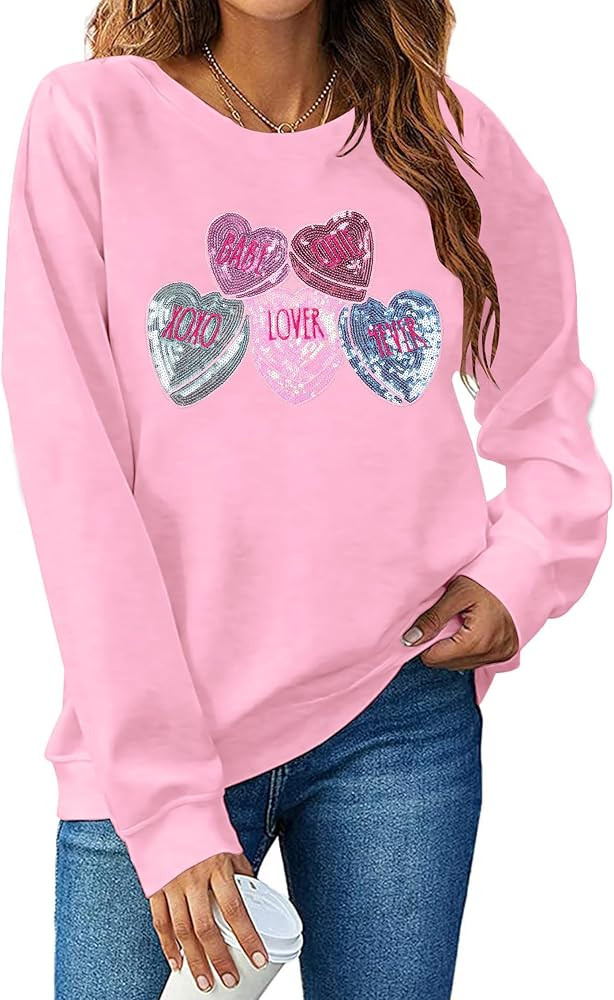 FAYALEQ Valentines Sweatshirt Women Love Heart Graphic Long Sleeve Shirt Cute Valentine's Day Pul... | Amazon (US)