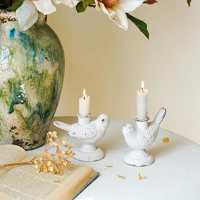 NIKKY HOME Taper Candle Holders, Distressed White Birds Decor, Vintage Rustic Candlesticks Pedest... | Amazon (US)