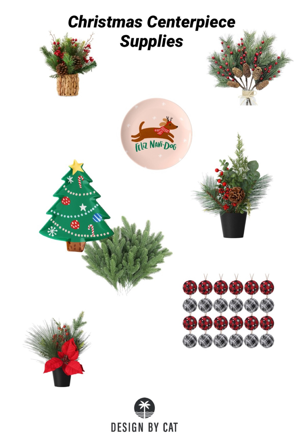 Christmas Centerpiece Supplies
Mini Centerpiece
Faux Pine Greenery
Plaid Ornaments
Faux berry and greens stem

#LTKSeasonal