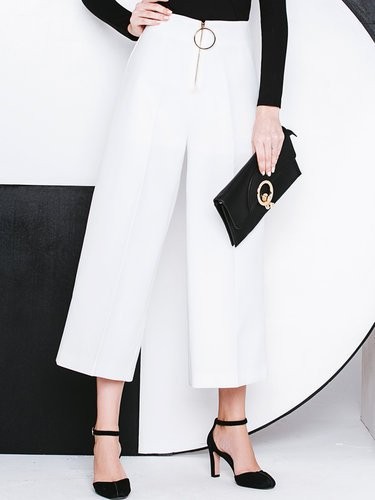 White Simple Grommet Zipper Wide Leg Pants | StyleWe (US)