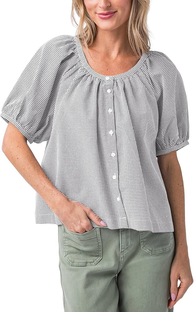 Tanming Womens Summer Plaid Button Down Shirts Short Puff Sleeve Cotton Crew Neck Gingham Blouses... | Amazon (US)