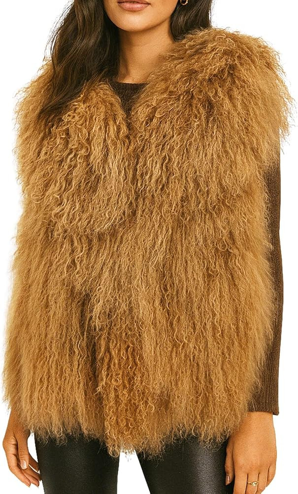 LVCOMEFF Women Real Mongolian Fur Vest Fur Gilet Sleeveless Shaggy Outwear Premium Winter | Amazon (US)
