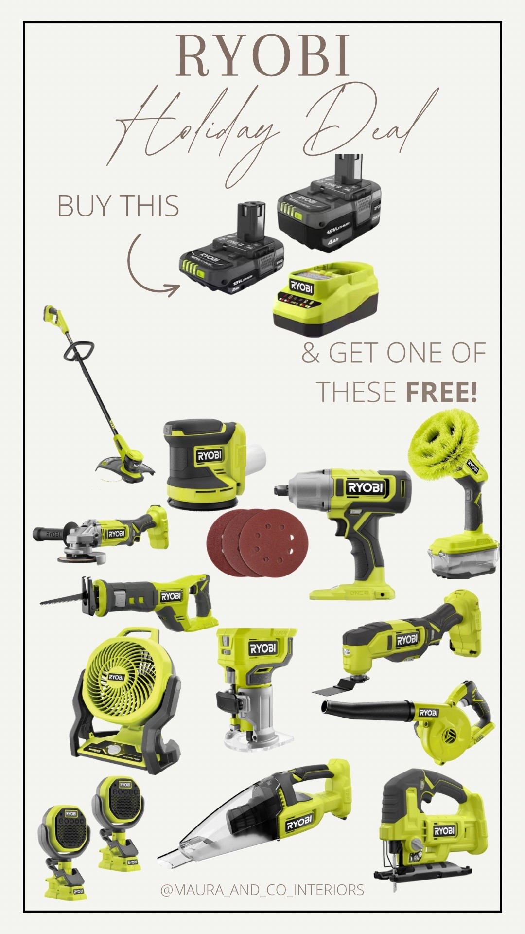Ryobi’s Holiday deal is happening now!! 
Buy the 18V ONE+ starter kit ($99) and receive a select tool, FREE!!! 

#LTKGiftGuide #LTKMens #LTKHoliday